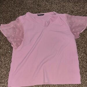 New York & Company Pink Ruffled Blouse with Cuffed Short Sleeves